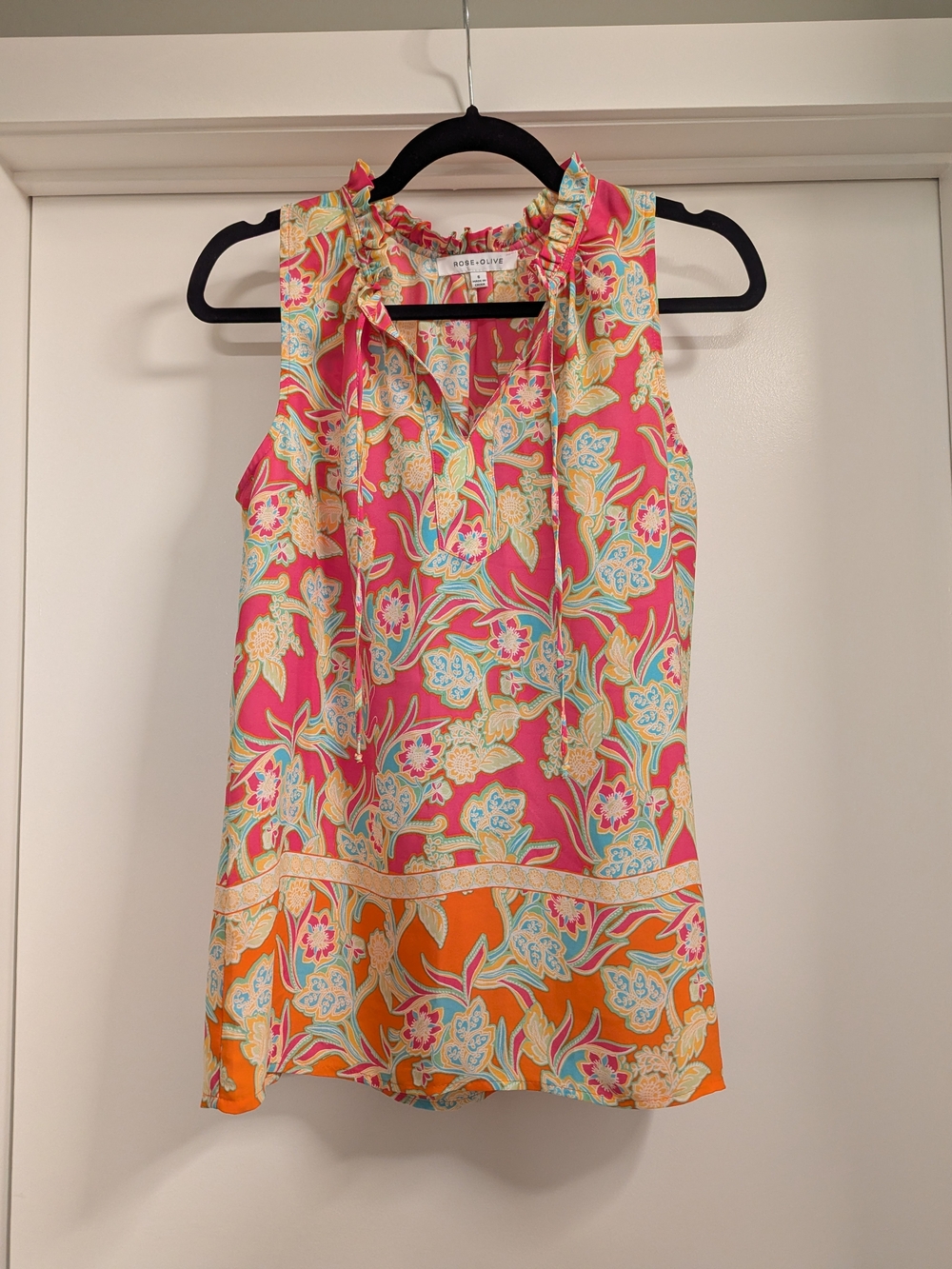 Rose & Olive Pink and Orange Floral Ruffle Neck Sleeveless Top